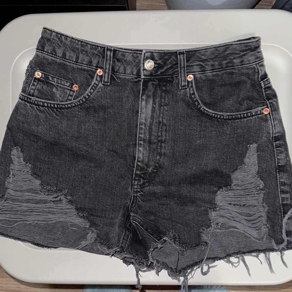 TOPSHOP Distressed Black Denim Shorts